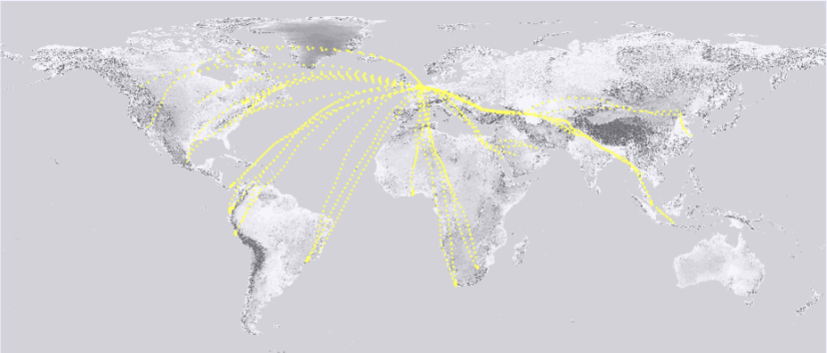 A map of the world with yellow lines

Description automatically generated