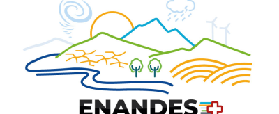 Illustration of mountains, river, trees, fields, wind turbines, and weather elements above the word "ENANDES" with a red cross symbol.