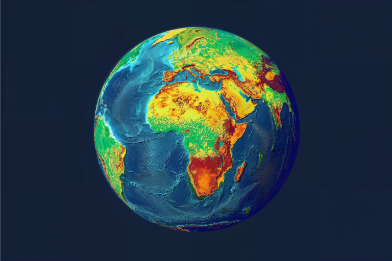 Colorful topographic map of Earth centered on Africa and Europe, showcasing varying elevations in bright hues against a dark blue background.