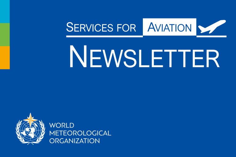 World Meteorological Organization graphic with text: "Services for Aviation Newsletter" and an airplane icon on a blue background.