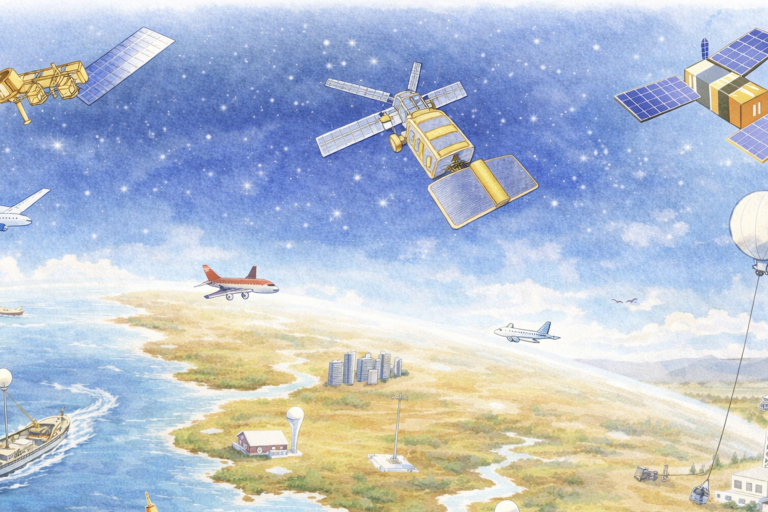 Illustration of satellites, aircraft, ships, and weather balloons monitoring Earth's atmosphere and surface, with a mix of land, water, and buildings below under a starry sky.