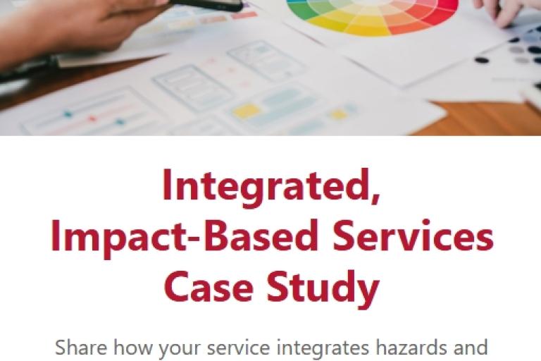 Two people review documents and a color wheel at a table. Text promotes an integrated, impact-based services case study with a "Start now" button.