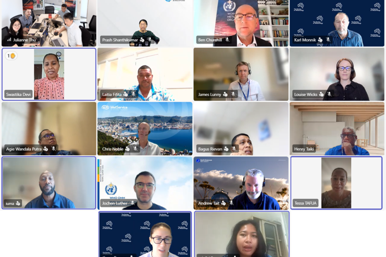 Screenshot of a virtual meeting with 17 participants, each shown in individual video call windows, some with visible names and organizational logos.