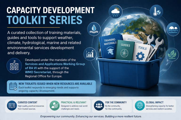 A blue bin filled with documents labeled training materials, guides, and tools represents the Capacity Development Toolkit Series for environmental services, with informational text and icons.