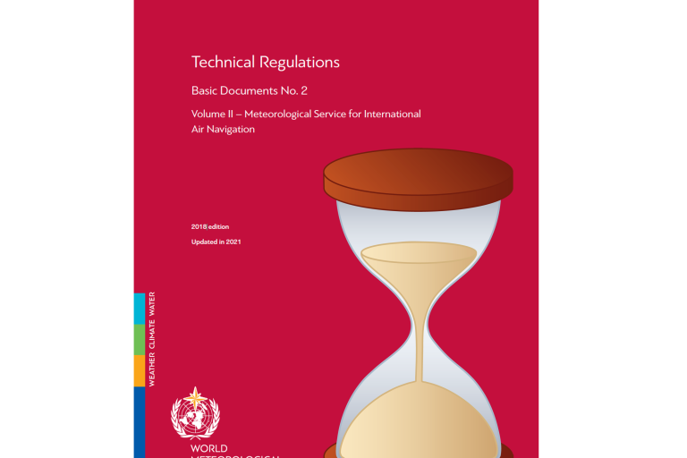 Cover of a World Meteorological Organization document featuring an hourglass illustration and text about technical regulations for meteorological service for international air navigation.