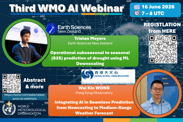 Promotional poster for the Third WMO AI Webinar featuring speakers Tristan Meyers and Wai Kin Wong, with event details, registration info, and organizational logos.