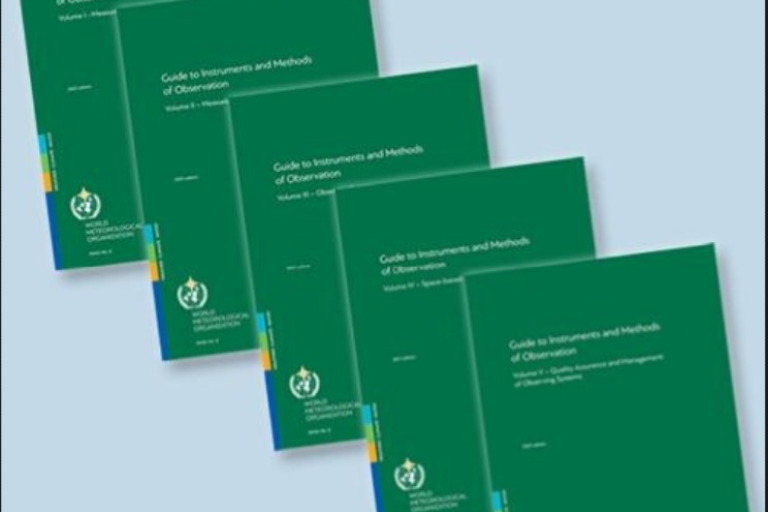 Five green WHO manuals titled "Guide to Instruments and Methods of Observation" are arranged diagonally on a light blue background.
