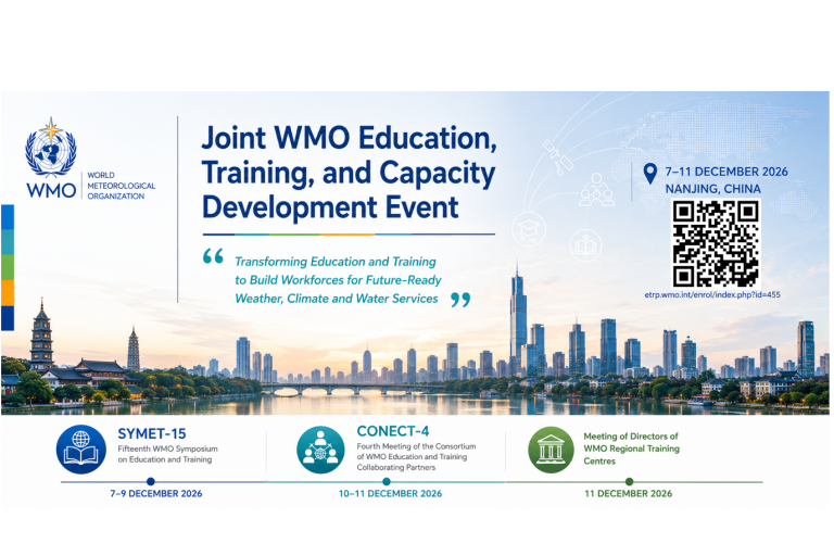 Promotional banner for the Joint WMO Education, Training, and Capacity Development Event in Nanjing, China, 7-11 December 2026, featuring event details and city skyline.