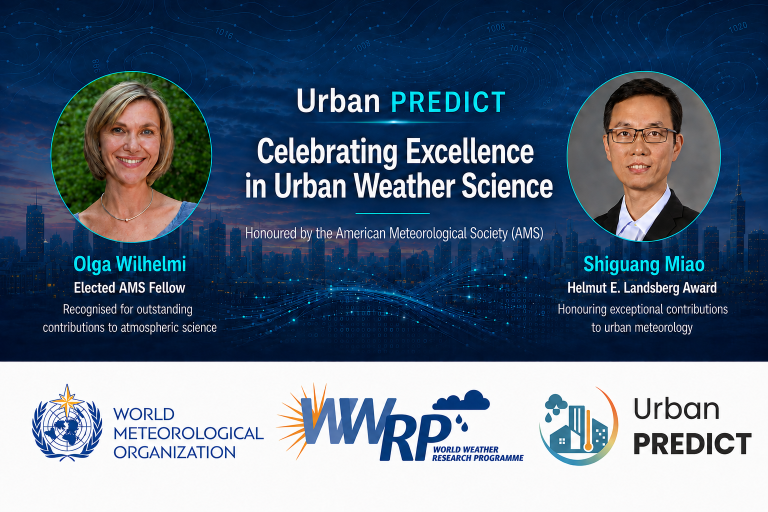 Banner honoring Olga Wilhelmi and Shiguang Miao for contributions to urban weather science, featuring organization logos and award titles.