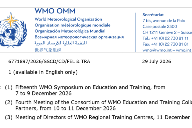 WMO letterhead listing upcoming symposiums and meetings on education and training, scheduled for December 2026, with contact details on the right.