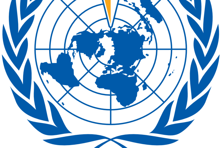 WMO logo featuring a stylized world map, latitude and longitude lines, a yellow star, and two blue olive branches. “WMO” is written below.