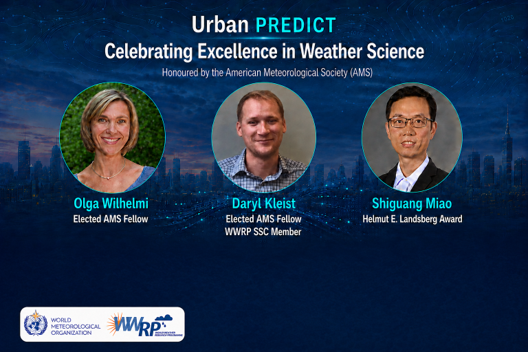Three weather scientists, Olga Wilhelmi, Daryl Kleist, and Shiguang Miao, are recognized for excellence by the American Meteorological Society, with their awards and affiliations displayed.
