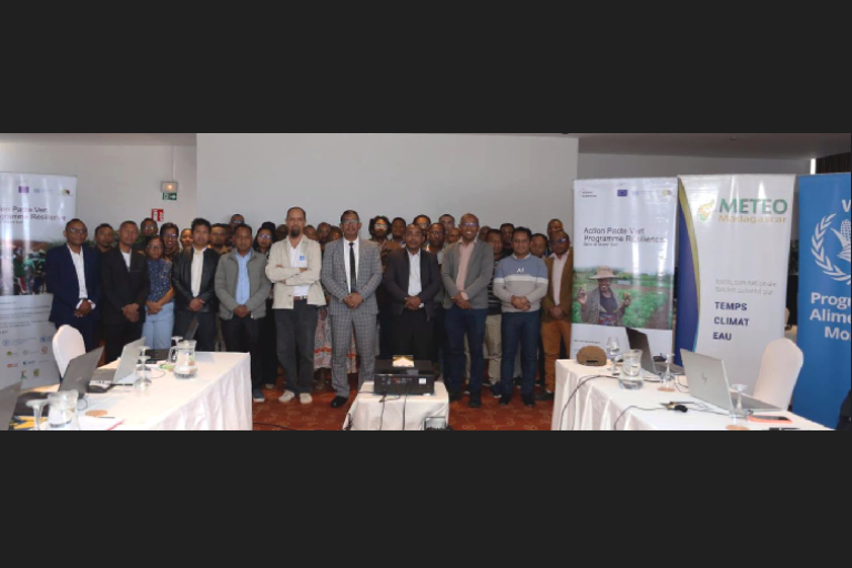 A group of people standing in a conference room in front of promotional banners for Meteo Madagascar and an environmental program.