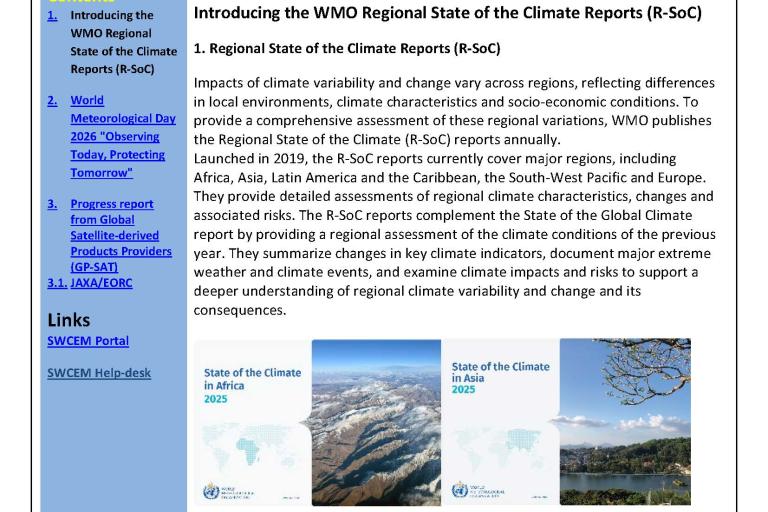 World Meteorological Organization SWCEM Newsletter, Issue 15, October 2026, featuring an article on the Regional State of the Climate Reports and thumbnails of four regional climate reports.