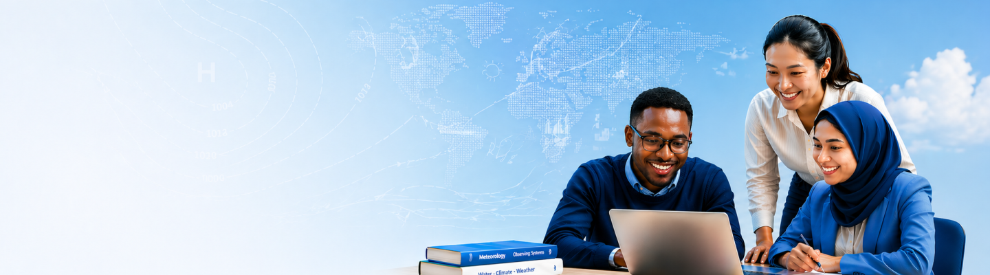 Three people sit at a table with books, collaborating and looking at a laptop, with a world map and sky background behind them.