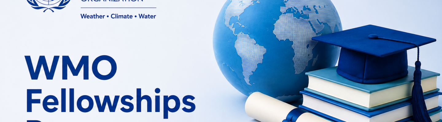 WMO Fellowships Programme text with a globe, diploma, graduation cap, and stacked books on a light blue background.