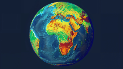 Colorful topographic map of Earth centered on Africa and Europe, showcasing varying elevations in bright hues against a dark blue background.
