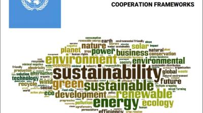 Cover page of a UN guidance document titled "On Integrating the Environment and Climate Change in Processes for United Nations Sustainable Development Cooperation Frameworks," with a green word cloud.