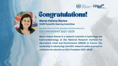 Maria-Helena Ramos is congratulated for being elected EGU President 2027–2029, highlighted as a hydrology researcher at INRAE, with a portrait of her on the left.
