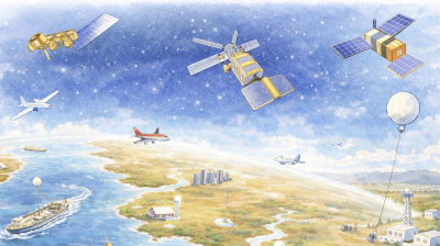 Illustration of satellites, aircraft, ships, and weather balloons monitoring Earth's atmosphere and surface, with a mix of land, water, and buildings below under a starry sky.