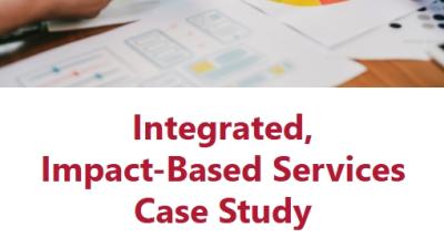 Two people review documents and a color wheel at a table. Text promotes an integrated, impact-based services case study with a "Start now" button.