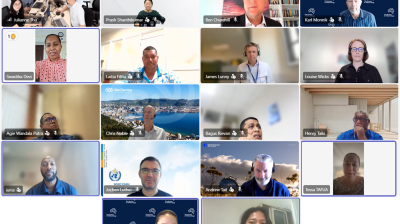 Screenshot of a virtual meeting with 17 participants, each shown in individual video call windows, some with visible names and organizational logos.