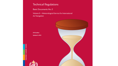 Cover of a World Meteorological Organization document featuring an hourglass illustration and text about technical regulations for meteorological service for international air navigation.