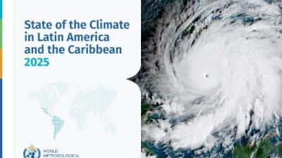 Cover image for a report titled "State of the Climate in Latin America and the Caribbean 2025," featuring a satellite image of a hurricane.