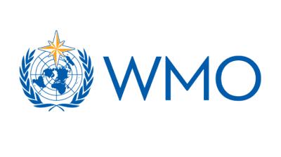 The WMO logo with a blue globe, yellow star, and laurel branches on the left, and the letters "WMO" in blue on the right.