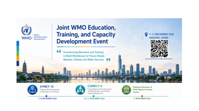 Promotional banner for the Joint WMO Education, Training, and Capacity Development Event in Nanjing, China, 7-11 December 2026, featuring event details and city skyline.