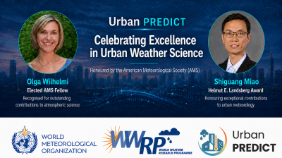 Banner honoring Olga Wilhelmi and Shiguang Miao for contributions to urban weather science, featuring organization logos and award titles.