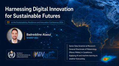 Digital innovation conference promo featuring Badreddine Alaoui, with map graphics, World Meteorological Organization and WWRP logos, and a summary of his work in meteorological AI and machine learning.