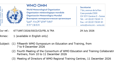 WMO letterhead listing upcoming symposiums and meetings on education and training, scheduled for December 2026, with contact details on the right.