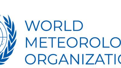 World Meteorological Organization logo with a globe, map grid, yellow star, olive branches, and blue text on a white background.