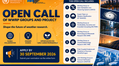 Open call for WWRP groups and projects with application deadline, opportunities listed, and icons representing weather research themes; World Meteorological Organization branding included.
