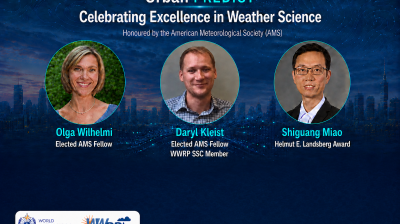 Three weather scientists, Olga Wilhelmi, Daryl Kleist, and Shiguang Miao, are recognized for excellence by the American Meteorological Society, with their awards and affiliations displayed.