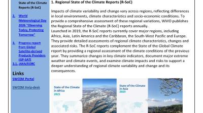 World Meteorological Organization SWCEM Newsletter, Issue 15, October 2026, featuring an article on the Regional State of the Climate Reports and thumbnails of four regional climate reports.