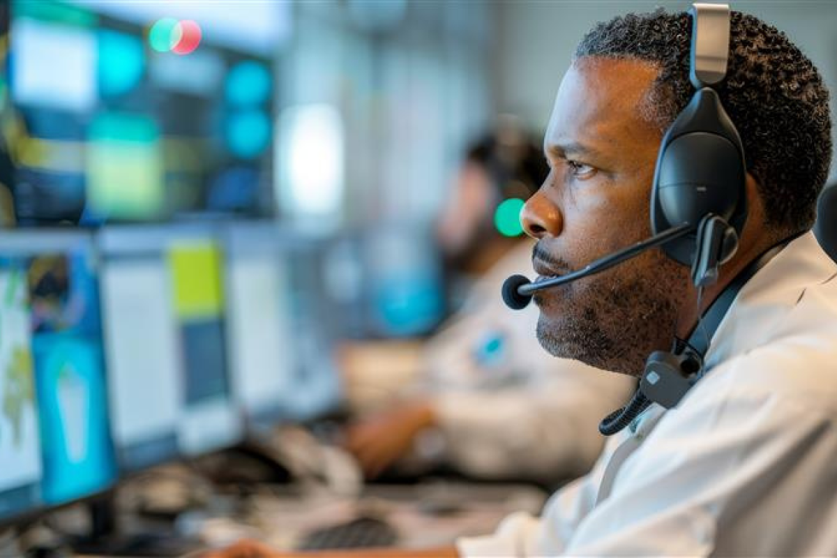 Man wearing a headset, focused on multiple computer screens displaying data and maps in an office environment.