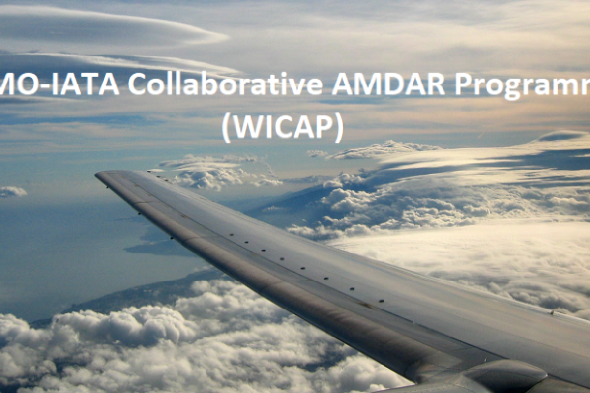 Airplane wing with clouds and coastline below; text reads "WMO-IATA Collaborative AMDAR Programme (WICAP)" across the sky.