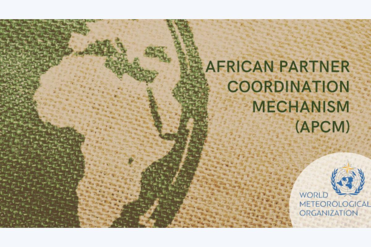Map of Africa printed on burlap, with text "African Partner Coordination Mechanism (APCM)" and the World Meteorological Organization logo in the lower right corner.