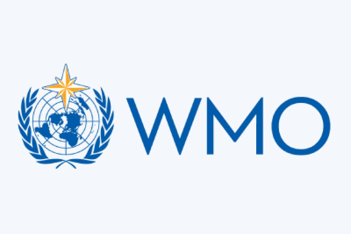 WMO logo featuring a globe with a laurel wreath, a yellow star above, and the blue letters "WMO" to the right.