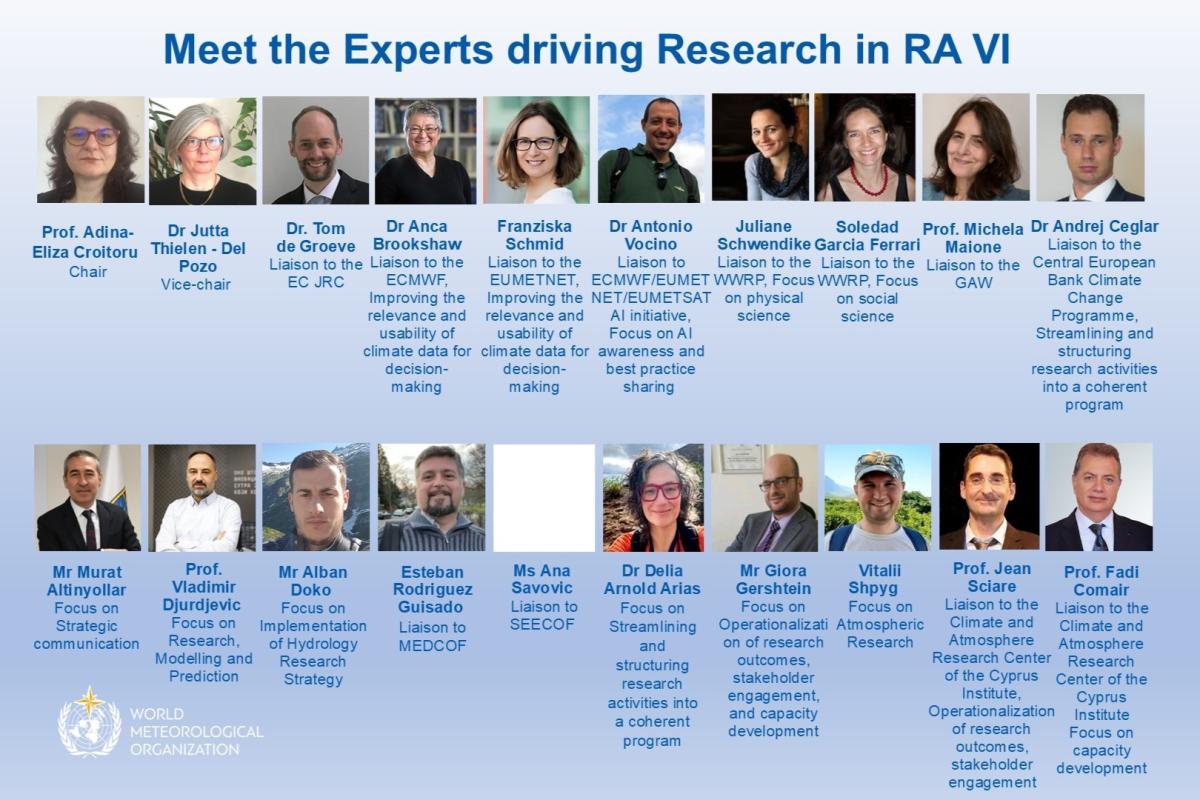 A panel of 15 experts from the World Meteorological Organization’s RA VI group, each shown with their name, title, and area of research or responsibility, on a blue background.