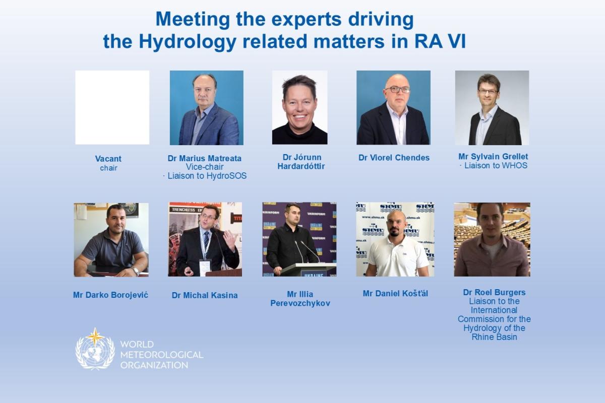 A panel of nine experts, some seated and some standing, are introduced with names, titles, and headshots under the heading for hydrology leadership in RA VI by the World Meteorological Organization.