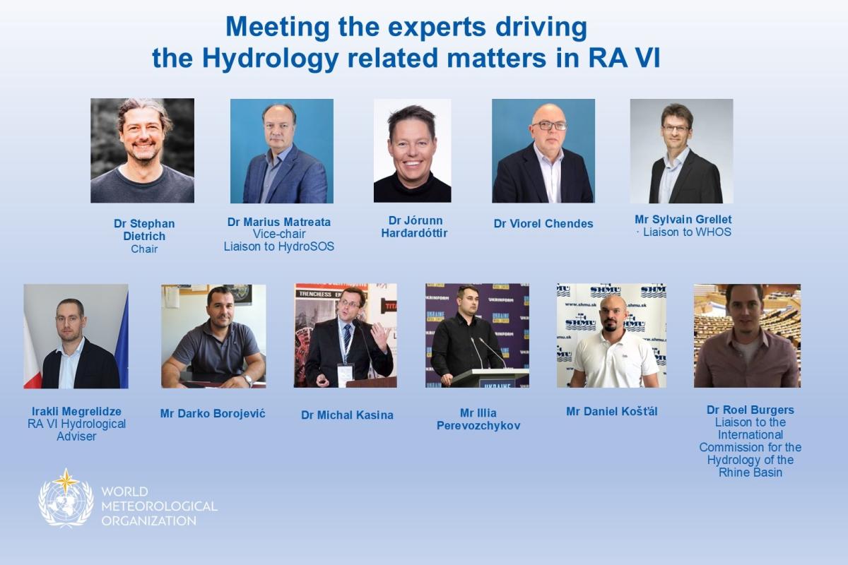 Twelve experts in hydrology stand or sit for individual portraits, each labeled with their name, title, and organization, under a title about RA VI hydrology matters.