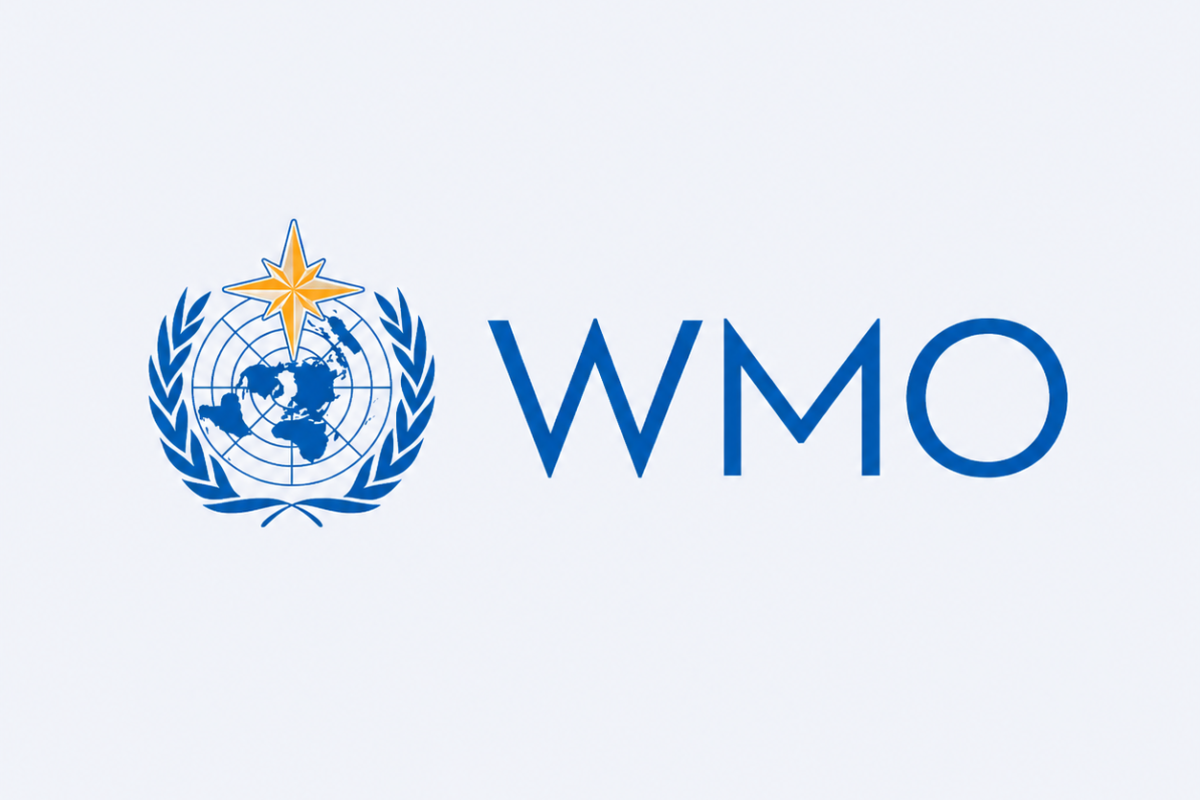 WMO logo with a blue globe, gold star, laurel branches, and blue “WMO” text on a light background.