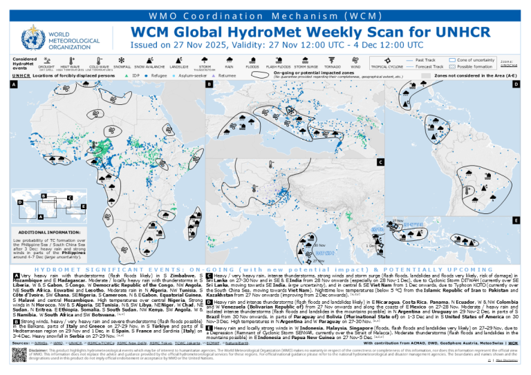 Map showing global hydrometeorological events and risks from 27 Nov to 4 Dec 2025, with highlighted areas for floods, droughts, storms, and weather warnings for humanitarian coordination.
