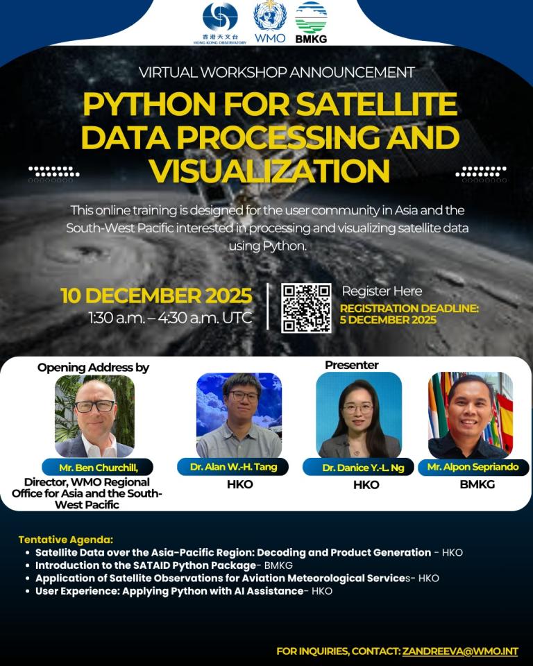 Virtual workshop flyer for "Python for Satellite Data Processing and Visualization" on 10 December 2025, featuring speakers and session details. Registration deadline: 5 December 2025.