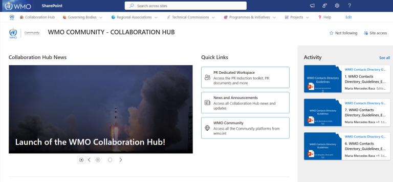 Screenshot of the WMO Community Collaboration Hub homepage featuring a news banner about the hub's launch, quick links, and a sidebar showing recent activity.