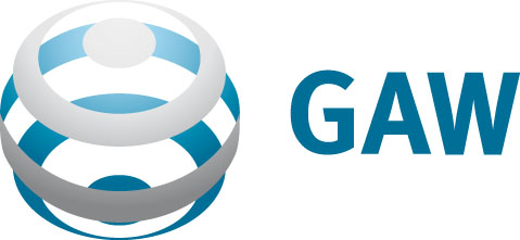 Blue and white spherical logo with three curved bands next to the bold blue letters "GAW" on a white background.