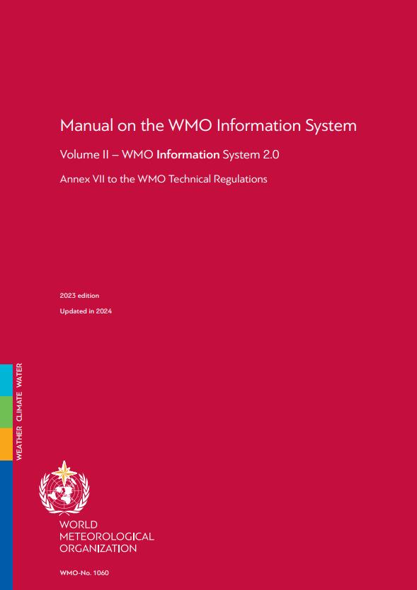 Cover of the "Manual on the WMO Information System," Volume II, 2023 edition, updated in 2024, published by the World Meteorological Organization.
